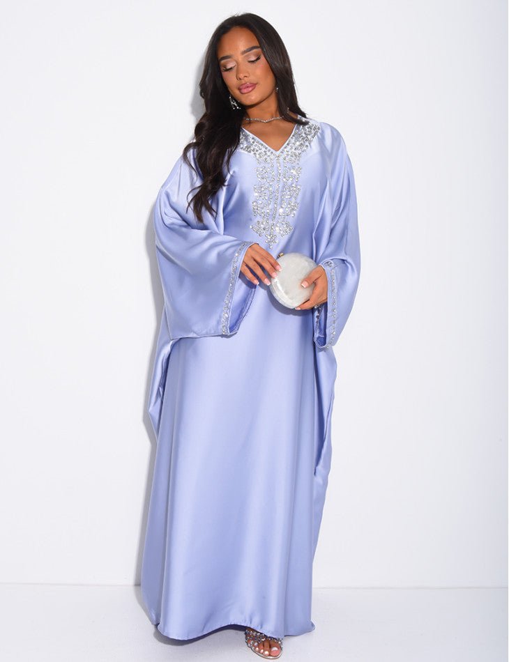 ABAYA PAPILLON À CRISTAUX SUR LE COL ET LES BORDURES BLEU - EmnaBaya