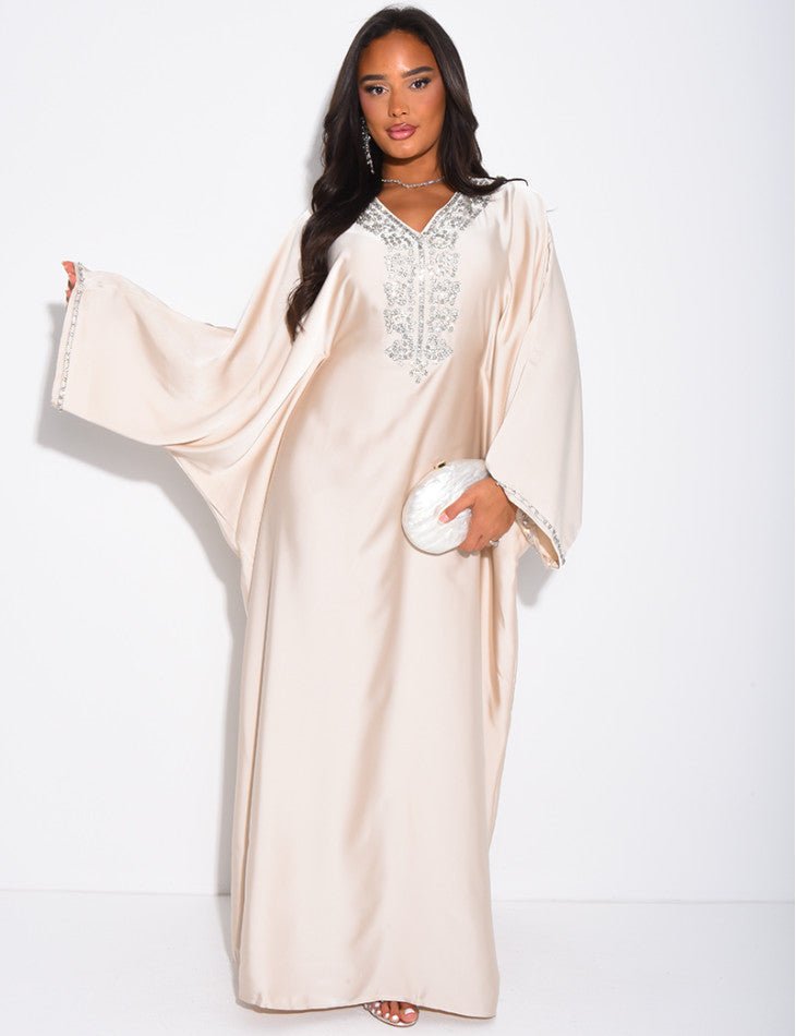 ABAYA PAPILLON À CRISTAUX SUR LE COL ET LES BORDURES - EmnaBaya