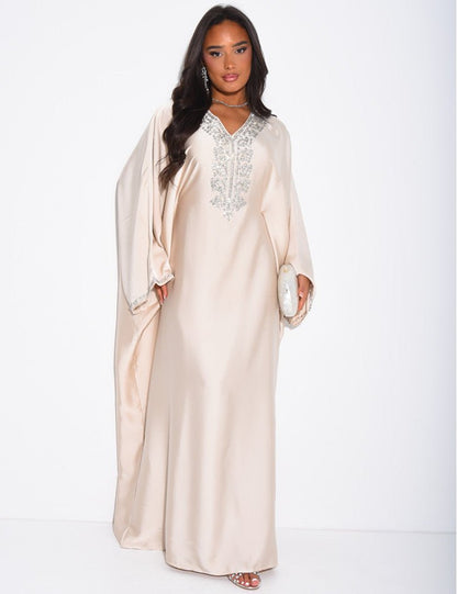 ABAYA PAPILLON À CRISTAUX SUR LE COL ET LES BORDURES - EmnaBaya