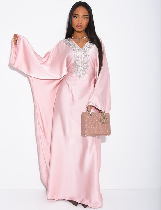 ABAYA PAPILLON À CRISTAUX SUR LE COL ET LES BORDURES - EmnaBaya