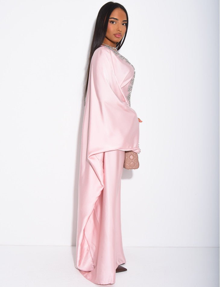 ABAYA PAPILLON À CRISTAUX SUR LE COL ET LES BORDURES - EmnaBaya