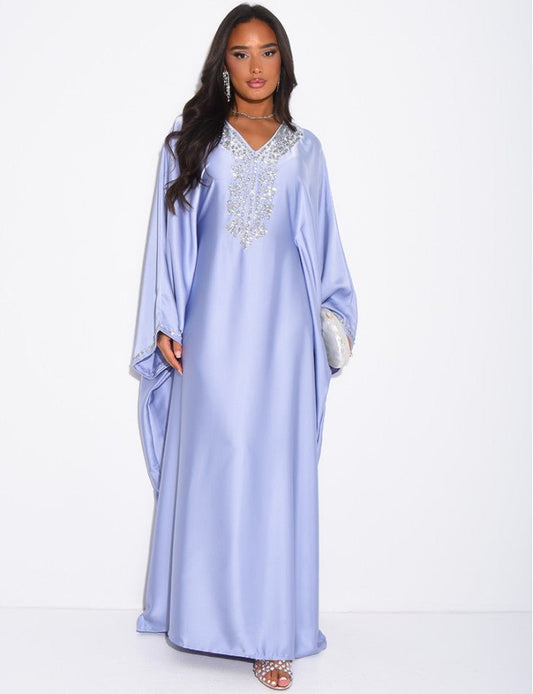 ABAYA PAPILLON À CRISTAUX SUR LE COL ET LES BORDURES BLEU - EmnaBaya