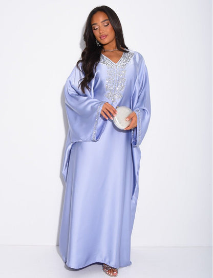 ABAYA PAPILLON À CRISTAUX SUR LE COL ET LES BORDURES BLEU - EmnaBaya