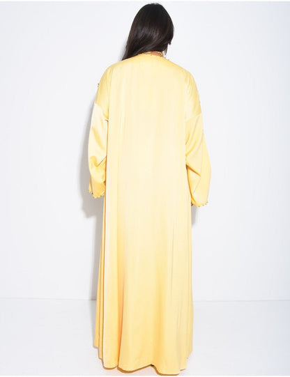ABAYA PAPILLON À CRISTAUX SUR LE COL ET LES BORDURES JAUNE - EmnaBaya