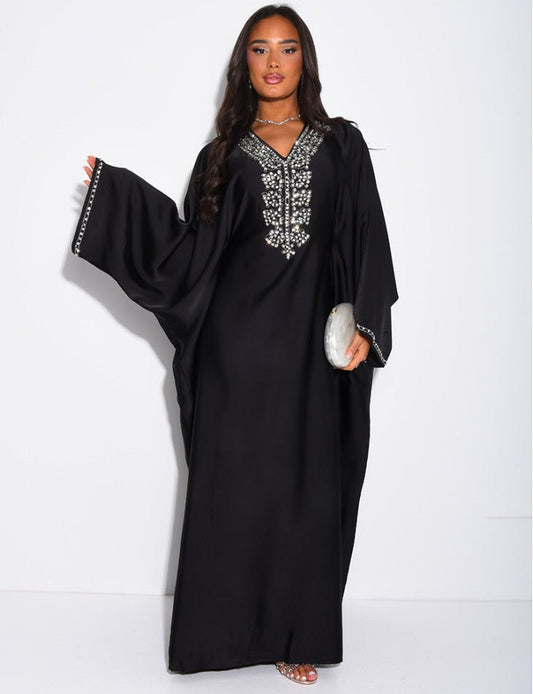 ABAYA PAPILLON À CRISTAUX SUR LE COL ET LES BORDURES NOIR - EmnaBaya