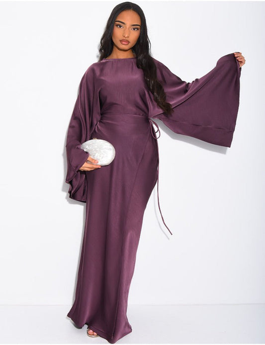 ROBE TRÈS LONGUE EN SATIN MANCHES ÉVASÉES À NOUER À LA TAILLE VIOLET - EmnaBaya